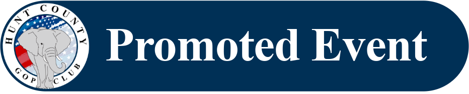 A rounded navy blue tag with white text "Promoted Event" and the Hunt County GOP Club Logo on the left